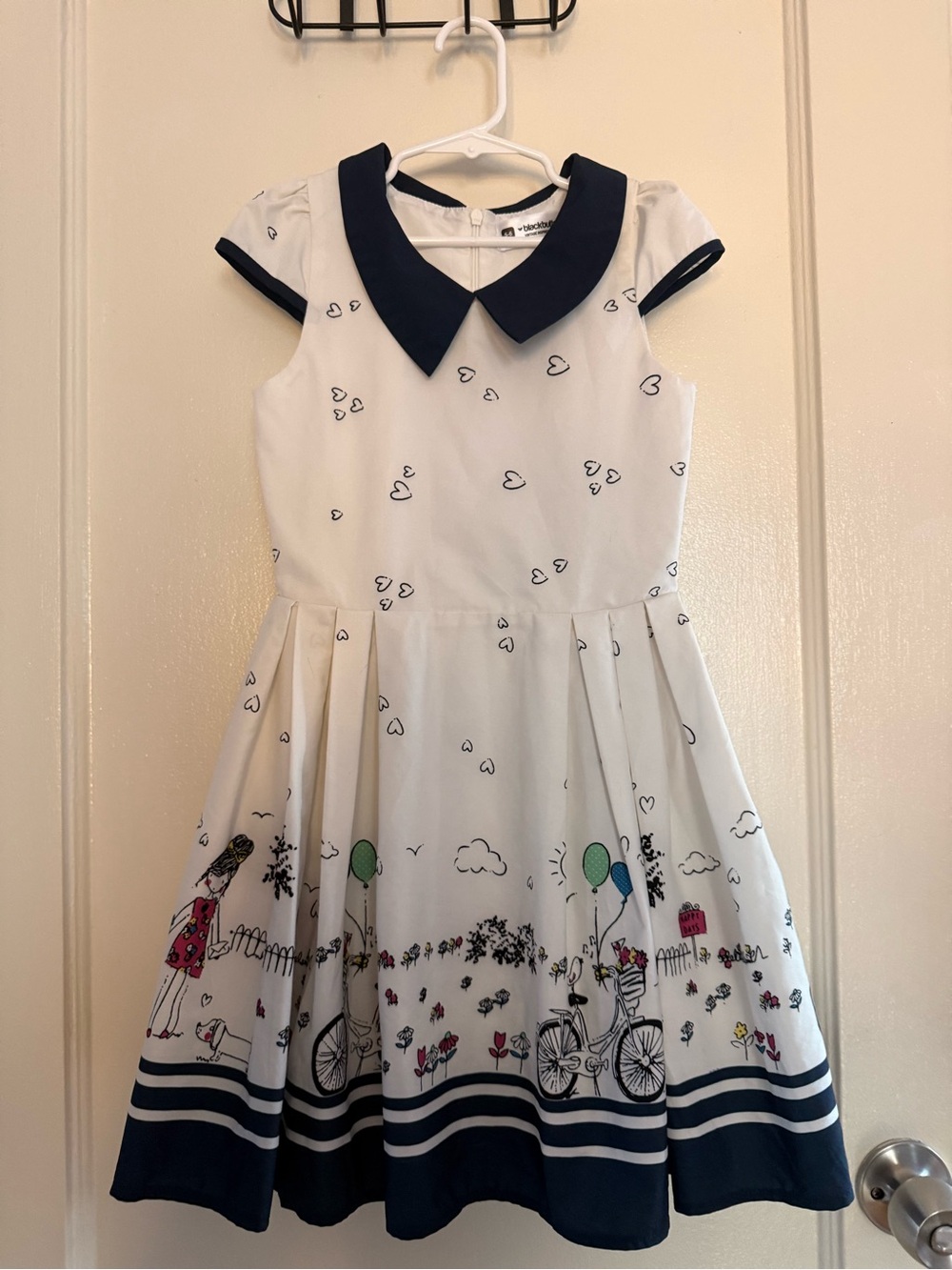 Girls size 5/6 French White & Navy Girls' Collared Dress with Cute Print - Picture 1 of 4